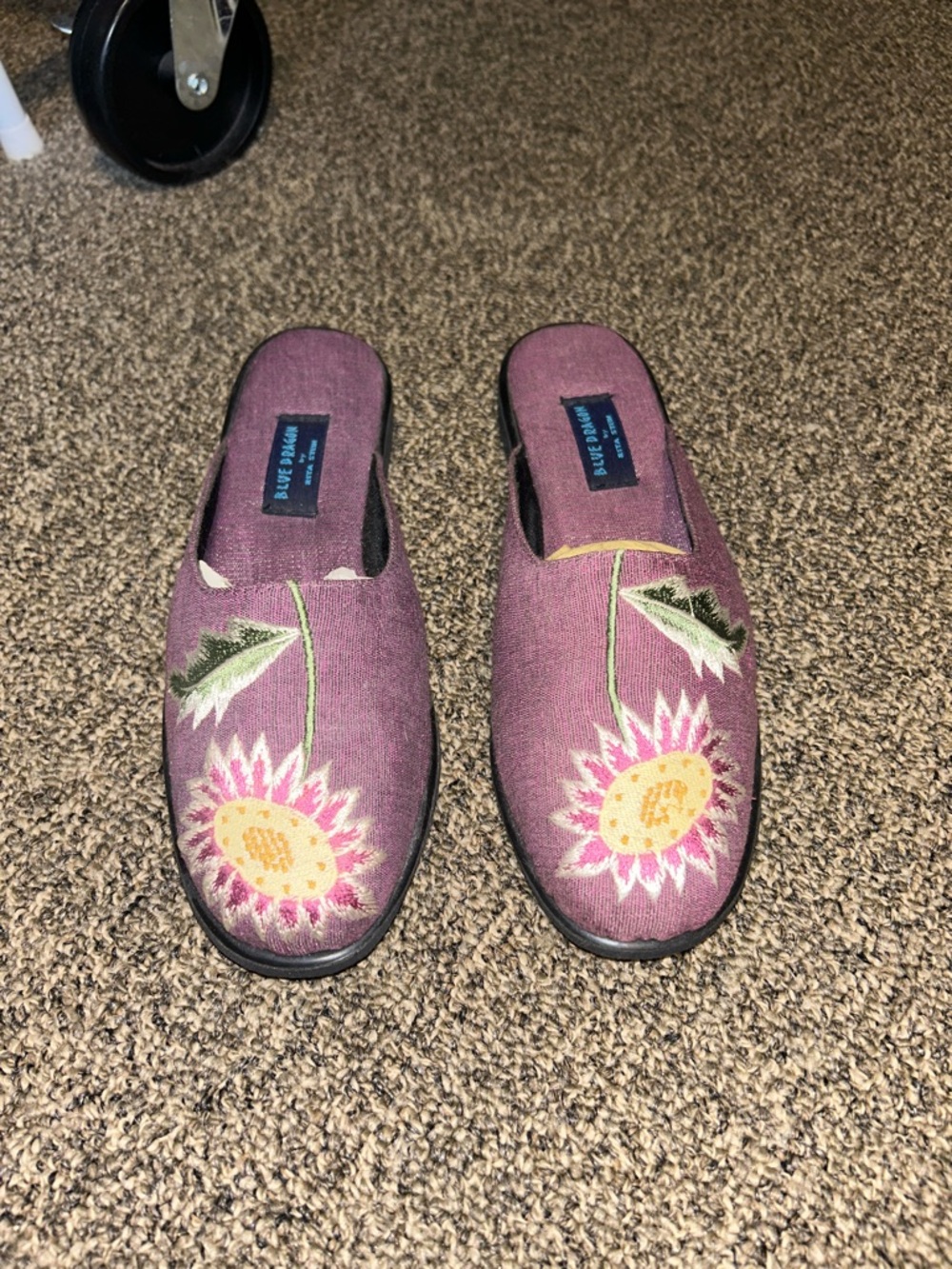 Embroidered Purple Sunflower Slip-On Mules